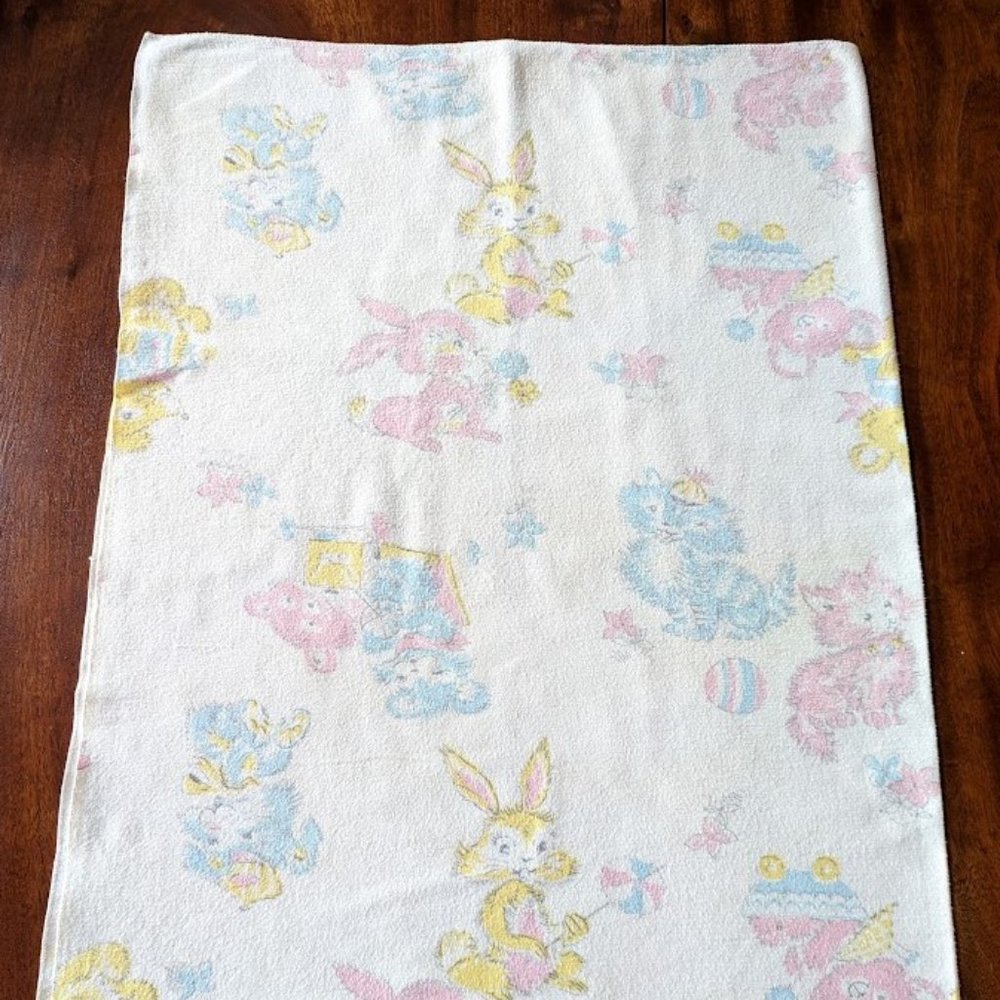Vintage Flannel Receiving Blanket - Retro Bunnies, Cats and Bears - c mid-1970s